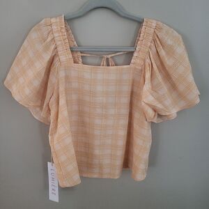 Lumiere Spring Top Small Orange and White Square Neck Keyhole open back NWT